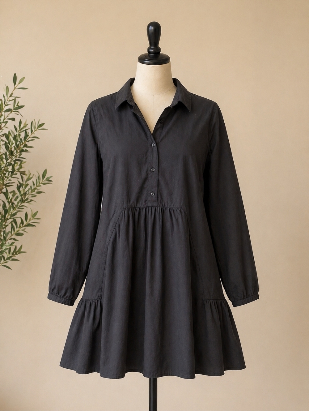 ZARA Black Tiered Shirt Dress Size M | Chic Minimalist Button Front Midi Tunic